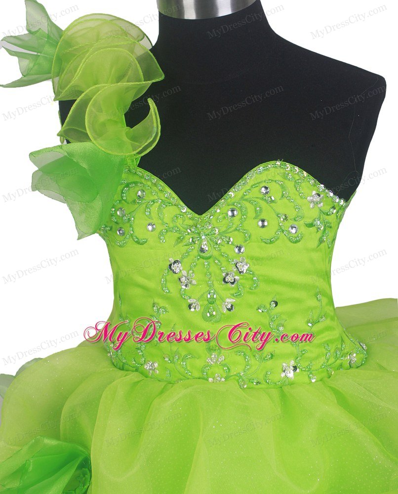 Beading One Shoulder Little Girls Beauty Pageant Dresses in Green