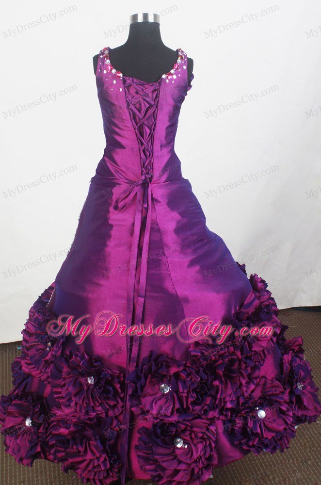Hand Made Flowers Embellished with Girl Pageant Dresses in Purple