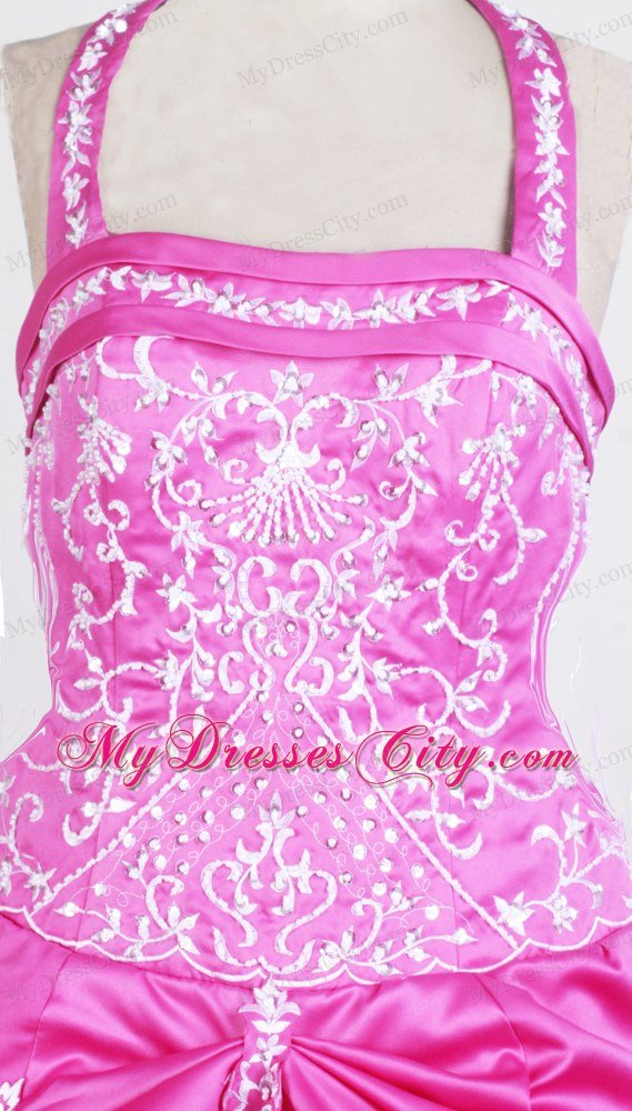 Embroidery on Hot Pink Little Girls Formal Dresses With Pick-ups