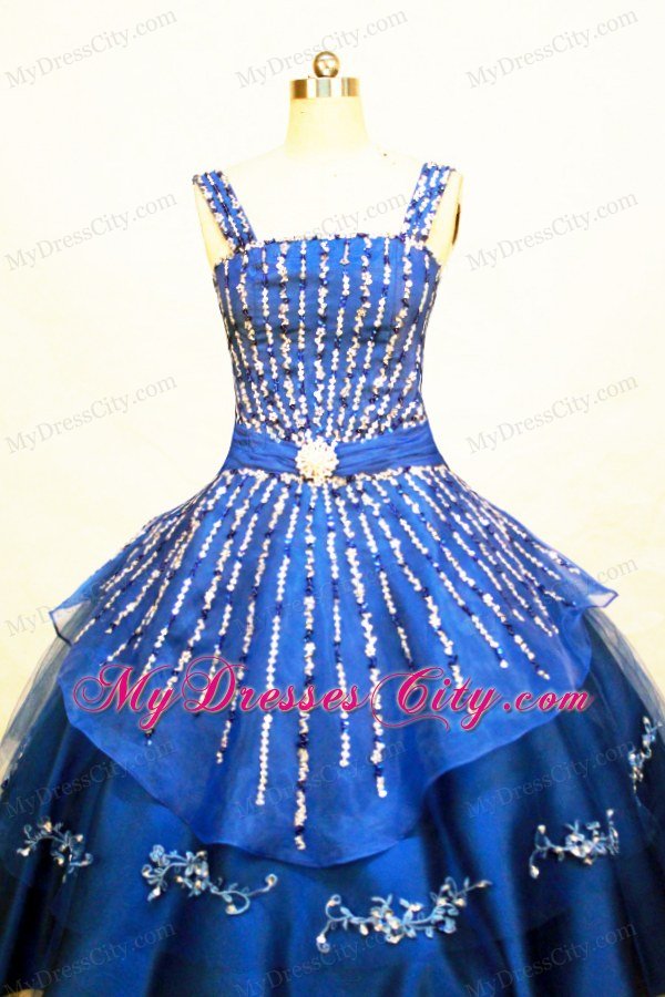 Blue Straps Flower Girl Pageant Dress With Bead and Appliques