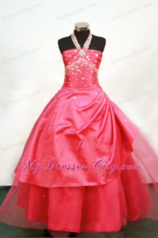 Beaded Halter Tulle Red Flower Girl Pageant Dress with Ball Gown