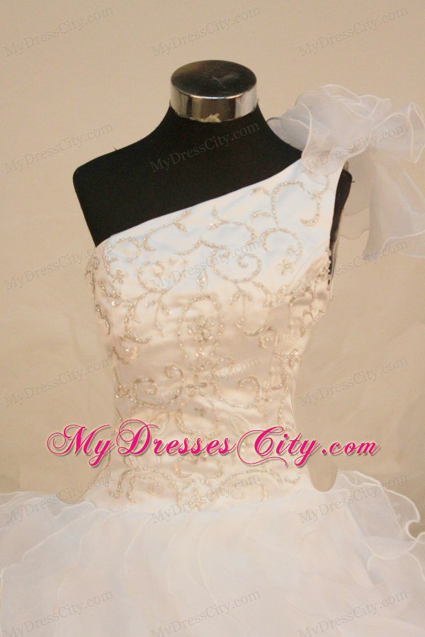 Beaded and Layed One Shoulder White Flower Girl Pageant Dress
