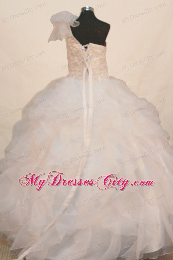 Beaded and Layed One Shoulder White Flower Girl Pageant Dress