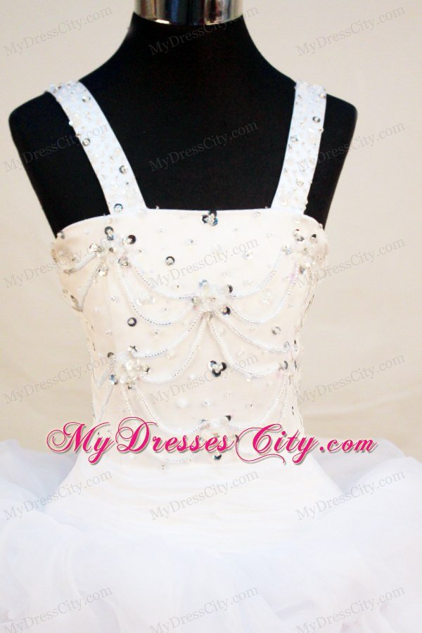 White Straps Girl Pageant Dresses With Ruffled Layers and Beading