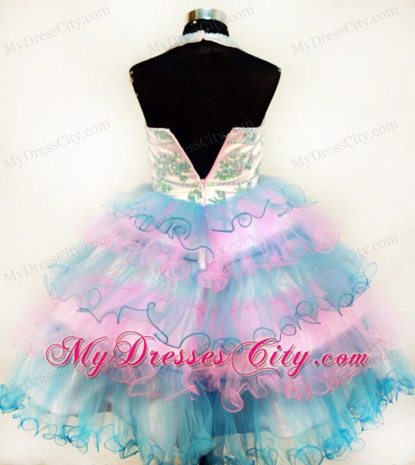 Colorful Halter Girl Pageant Dresses Appliques and Ruffled Layers