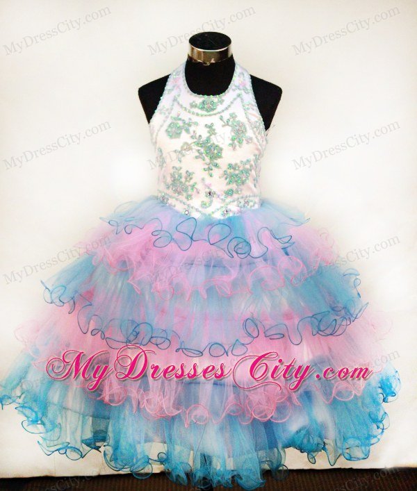 Colorful Halter Girl Pageant Dresses Appliques and Ruffled Layers