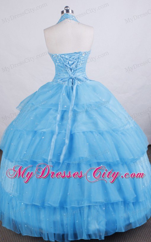 Aqua Blue Little Girl Pageant Dress Halter Beading and Ruffles