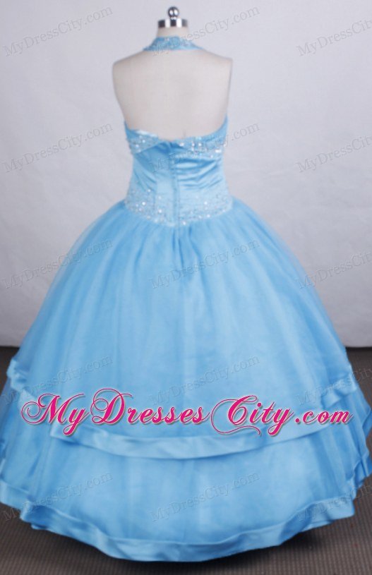 Ball Gown Aqua Blue Halter Beaded Floor-length Glitz Pageant Dress
