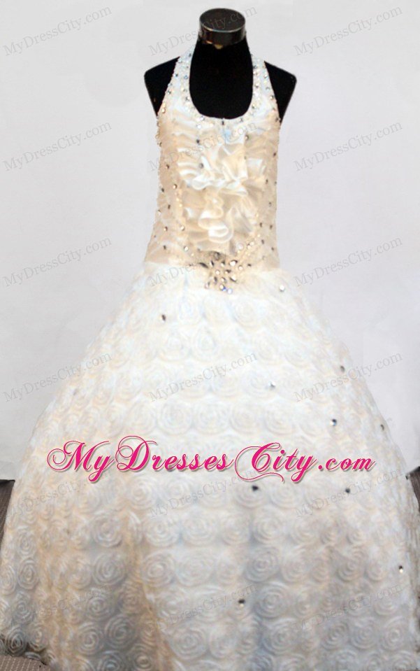 White Halter Beaded Girl Pageant Dress Fabric With Rolling Flower