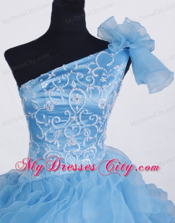 One Shoulder Ball Gown Aqua Blue Beaded Little Girl Pageant Dress