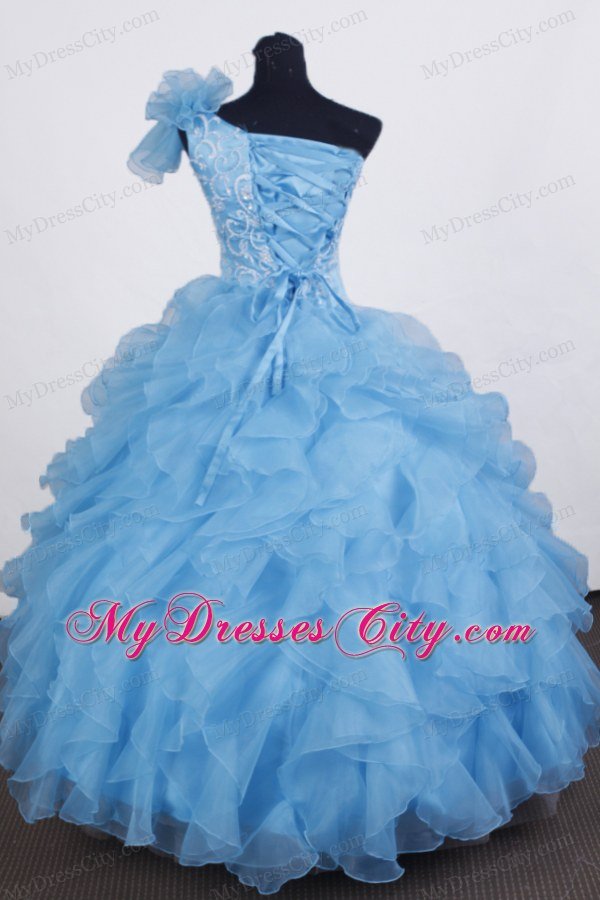 One Shoulder Ball Gown Aqua Blue Beaded Little Girl Pageant Dress