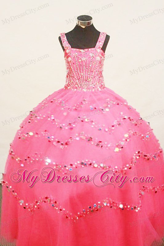 Hot Pink Strap Beaded and Appliqued Little Girl Pageant Dress