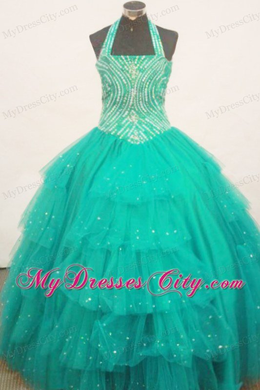 Turquoise Halter With Ruffled Layeres Beaded Beauty Pageants Dress
