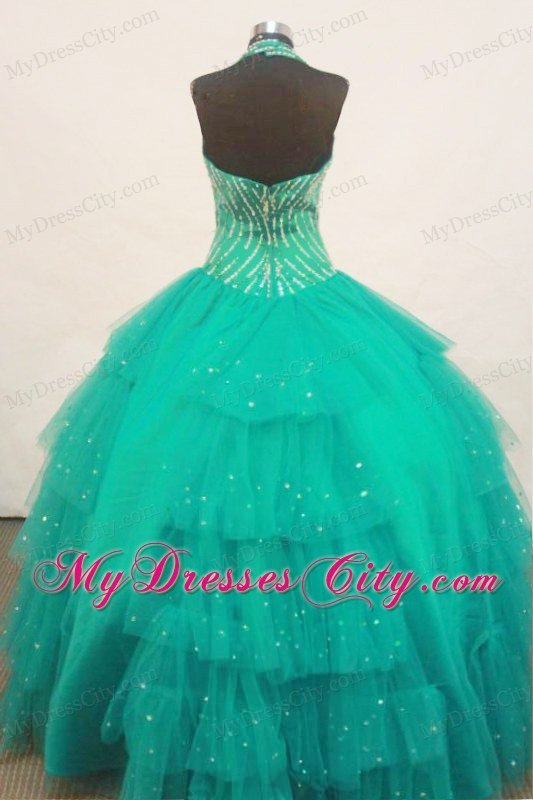 Turquoise Halter With Ruffled Layeres Beaded Beauty Pageants Dress
