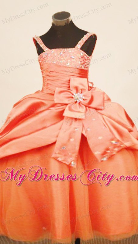 Orange Red Pick-ups Straps Beaded Ruched Little Girl Pageant Dress