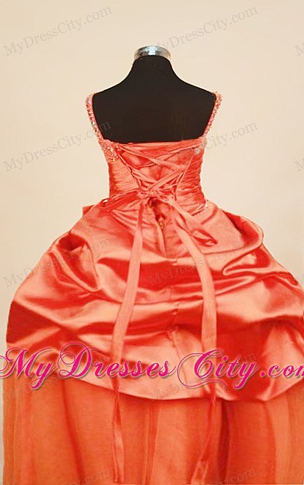 Orange Red Pick-ups Straps Beaded Ruched Little Girl Pageant Dress
