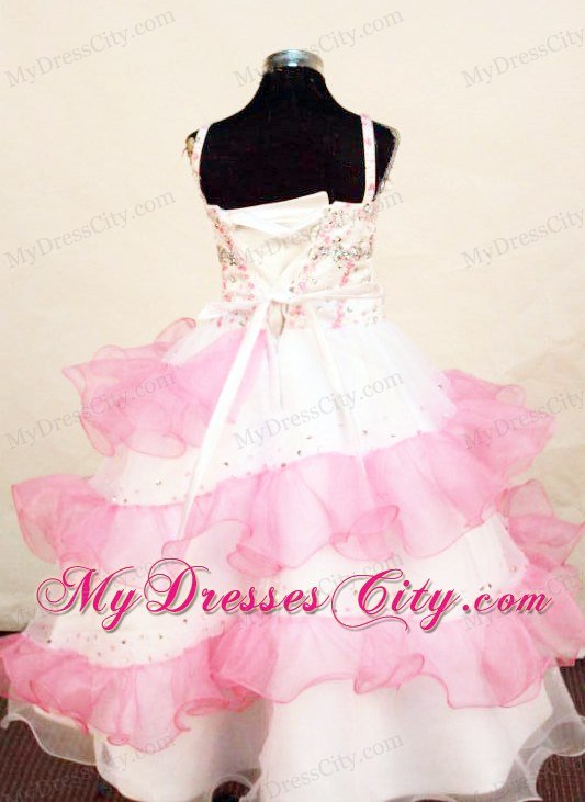Pink and White Beaded Little Girl Dress with Ruffled Layeres