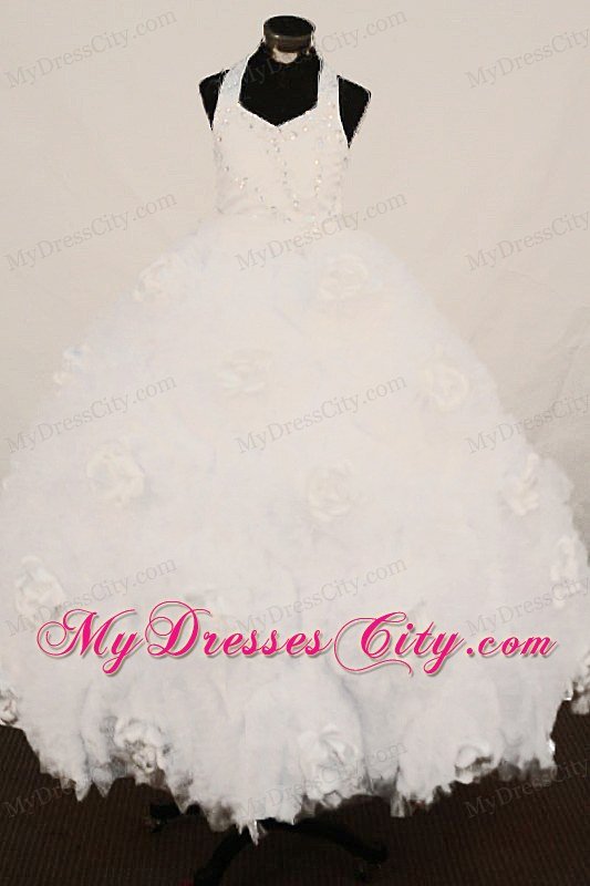 White Halter Beaded Girl Pageant Dress 2013 with Hand Flowers