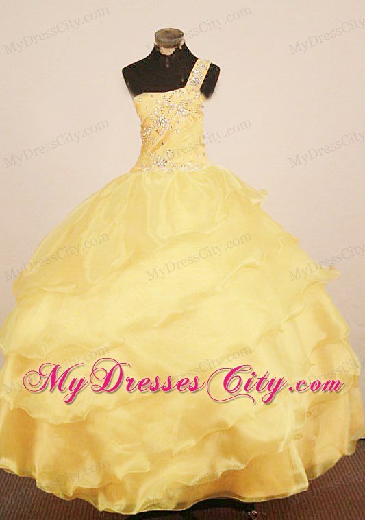 Ruffles Little Girl Pageant Dress Beaded One Shoulder Yellow