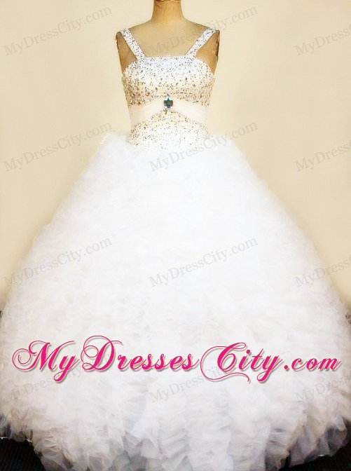 Ruffles Straps Pageant Dresses for Little Girls Beaded White