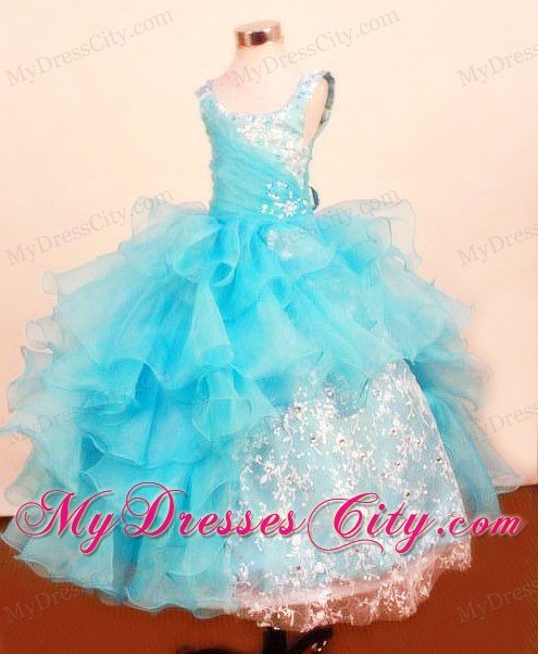 Lace Scoop Baby Blue Little Girl Pageant Dresses Ruffled Layeres