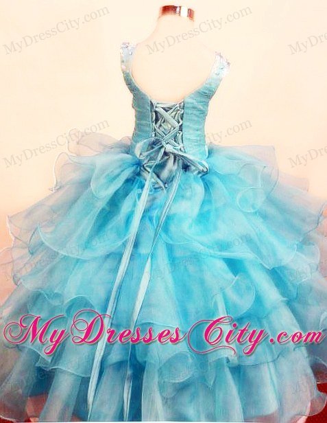 Lace Scoop Baby Blue Little Girl Pageant Dresses Ruffled Layeres