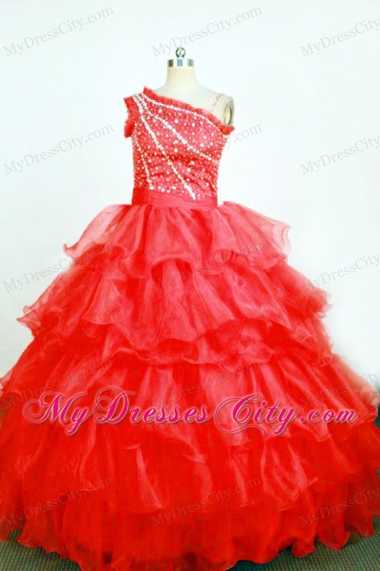 One Shoulder Red Little Girl Pageant Dresses Ruffled Layers