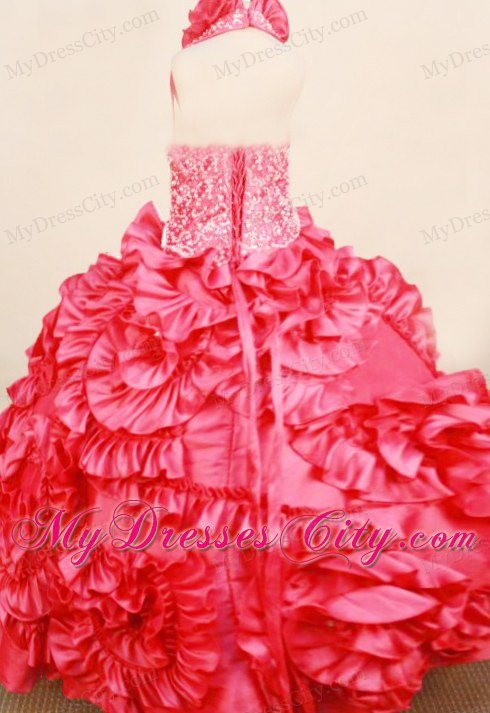 Red Flowers Halter Beaded Taffeta Pageant Dresses for Little Girl