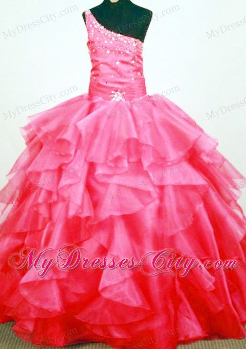 One Shoulder Ruffled Coral Red Beaded Pageant Dresses for Girls