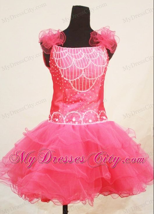 Flowered Straps Mini-length Pink Beaded Toddler Pageant Dresses