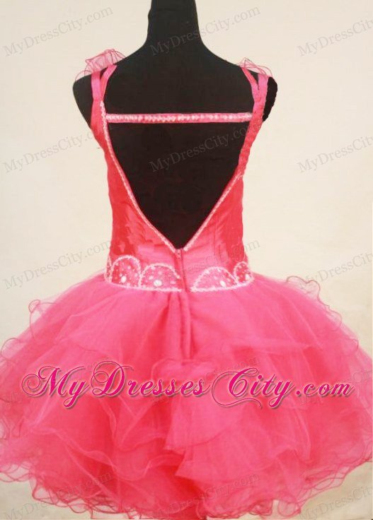 Flowered Straps Mini-length Pink Beaded Toddler Pageant Dresses