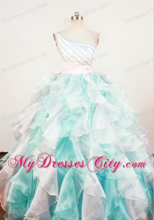 Multi-colored Beaded One Shoulder Organza Ruffles Pageant Dresses