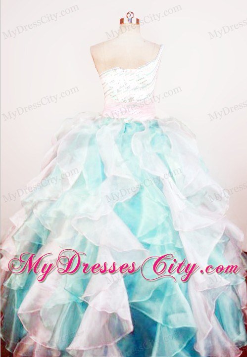 Multi-colored Beaded One Shoulder Organza Ruffles Pageant Dresses