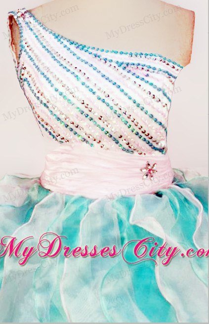 Multi-colored Beaded One Shoulder Organza Ruffles Pageant Dresses