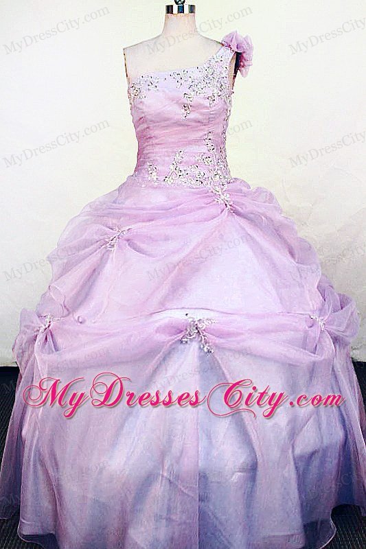 One Shoulder Flowers Lilac Appliques Flower Girl Pageant Dresses