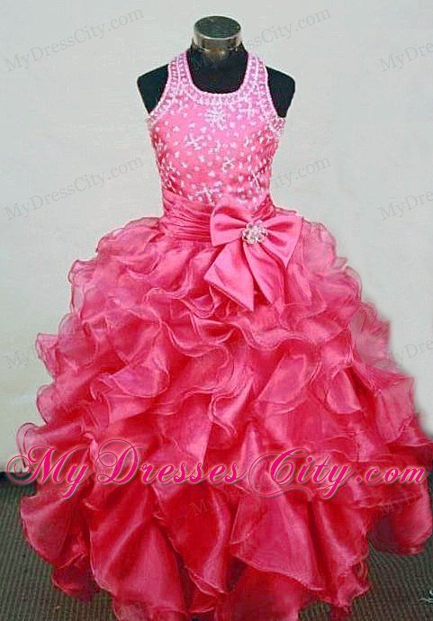 Halter Ruffles Red Organza Beading Girl Pageant Dress with Bows