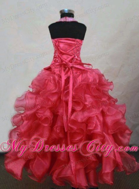 Halter Ruffles Red Organza Beading Girl Pageant Dress with Bows