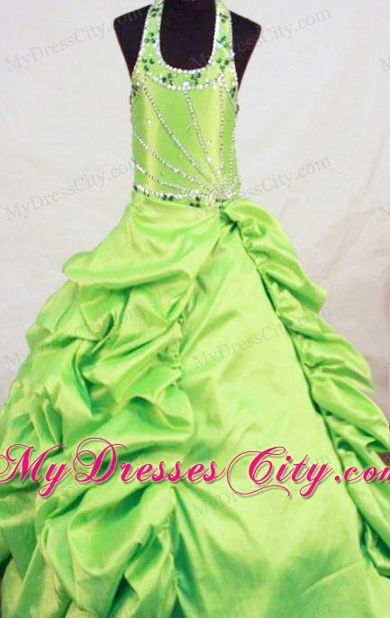 Yellow Green Halter Flower Girl Pageant Dresses Taffeta Beading