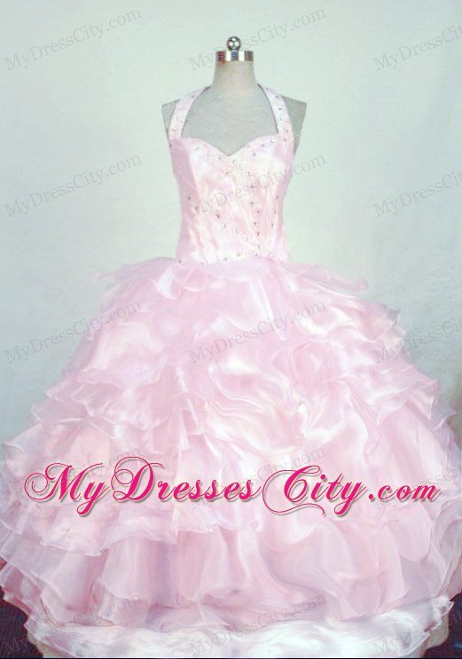 Layered Ruffles Halter Baby Pink Organza Beading Pageant Dresses