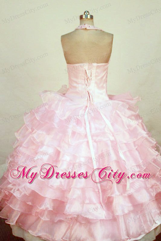 Layered Ruffles Halter Baby Pink Organza Beading Pageant Dresses