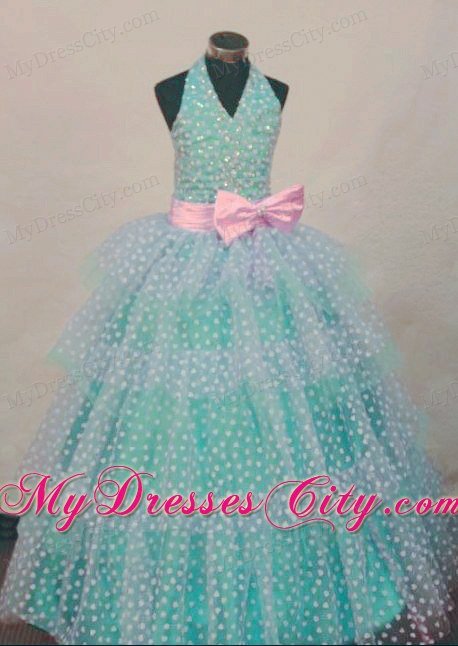 White Polka Dot Turquoise Halter Girl Pageant Dress with Pink Bow