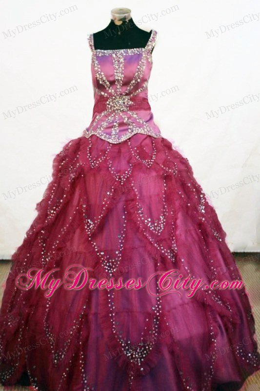 Square Beaded Layers Fuchsia Pageant Dresses for Little Girls