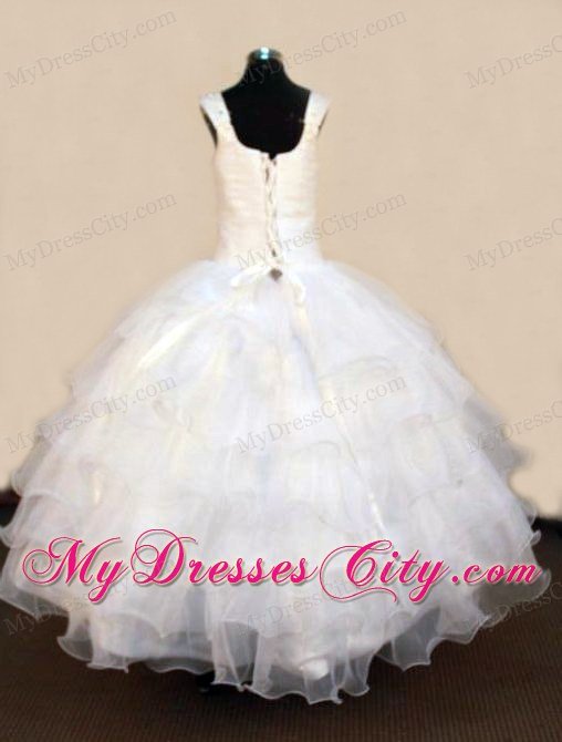 White Square Beading Little Girl Pageant Dresses Organza Floor-length