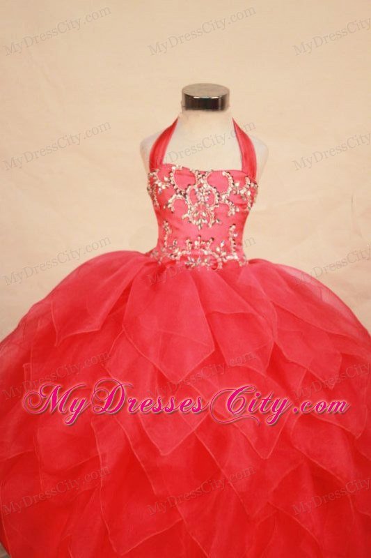 Halter Beading Ball gown Red Little Girl Pageant Dresses with Ruffles