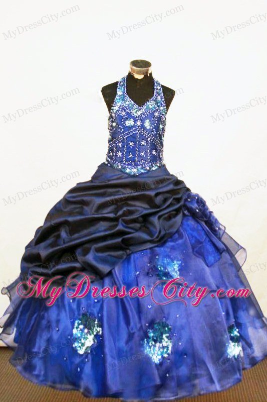 Halter Beading Floor-length Little Girl Pageant Dresses Organza Blue