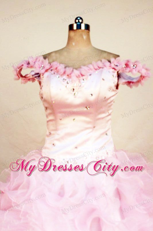Off the shoulder Beading Organza Pink Little Girl Pageant Dresses