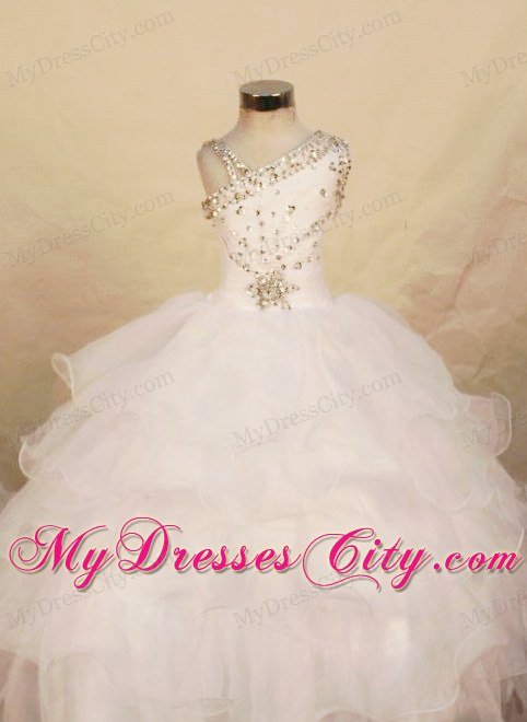 White One Shoulder Organza Little Girl Pageant Dresses Floor-length Beading