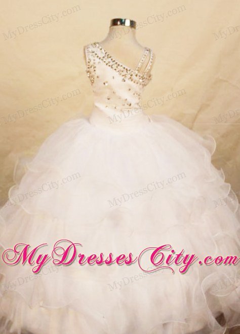 White One Shoulder Organza Little Girl Pageant Dresses Floor-length Beading