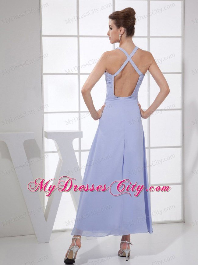 Lilac V-neck Appliques Prom Maxi Dress with Criss Cross