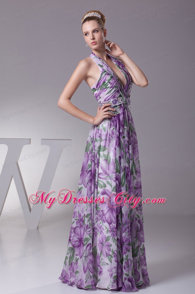 Beading and Ruching V-neck Long Maxi Dress in Colorful Printing